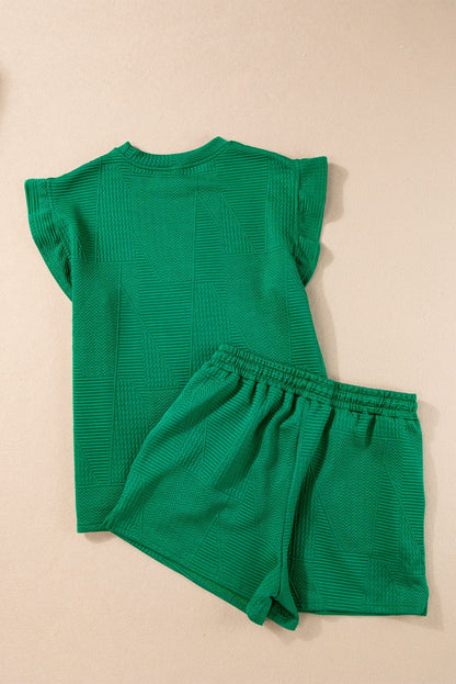 Green Quilted Ruffle Sleeve Two-Piece Casual Set