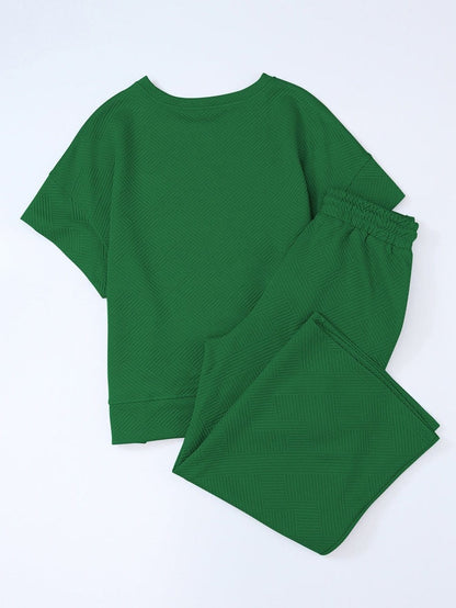 Green Ribbed Casual Two-Piece Set with Loose Fit and Drawstring Waist