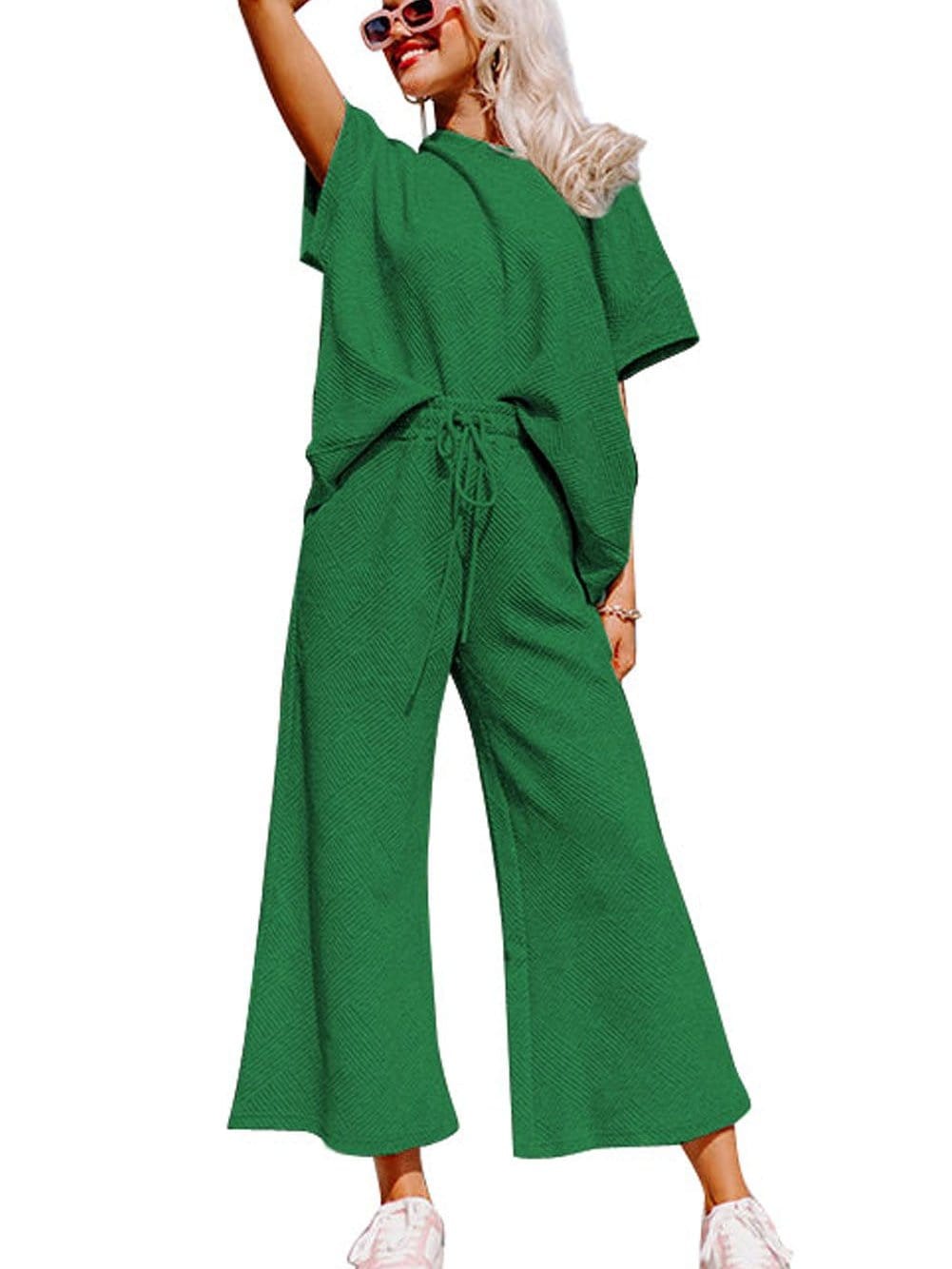 Green Ribbed Casual Two-Piece Set with Loose Fit and Drawstring Waist