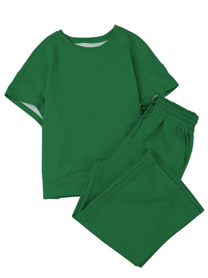 Green Ribbed Casual Two-Piece Set with Loose Fit and Drawstring Waist