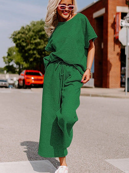 Green Ribbed Casual Two-Piece Set with Loose Fit and Drawstring Waist