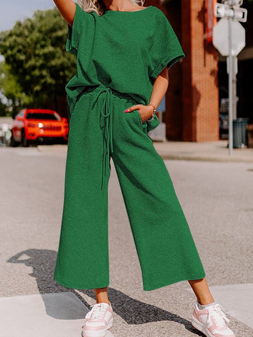 Green Ribbed Casual Two-Piece Set with Loose Fit and Drawstring Waist