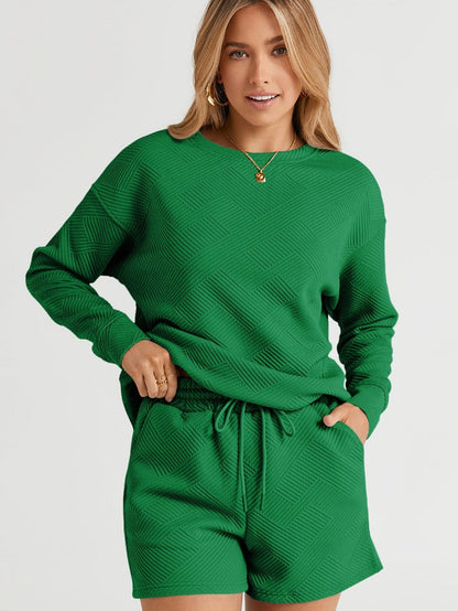 Green Ribbed Lounge Set with Long Sleeve Top and Drawstring Shorts