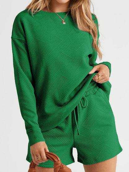 Green Ribbed Lounge Set with Long Sleeve Top and Drawstring Shorts