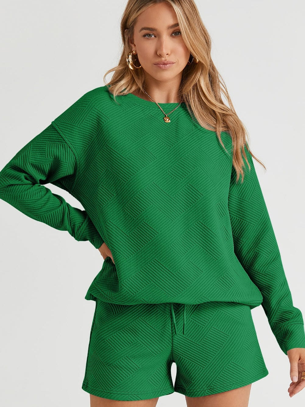 Green Ribbed Lounge Set with Long Sleeve Top and Drawstring Shorts