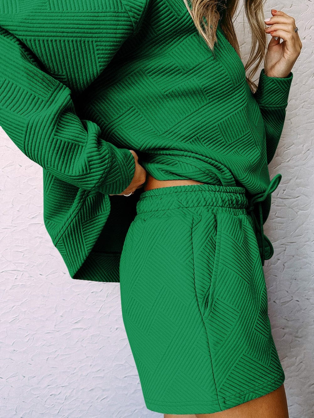 Green Ribbed Lounge Set with Long Sleeve Top and Drawstring Shorts