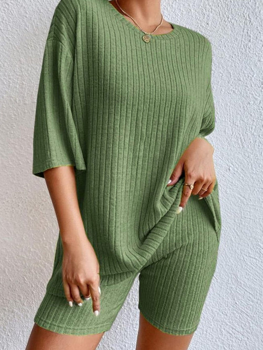 Green Ribbed Texture Lounge Wear Set with Loose Silhouette