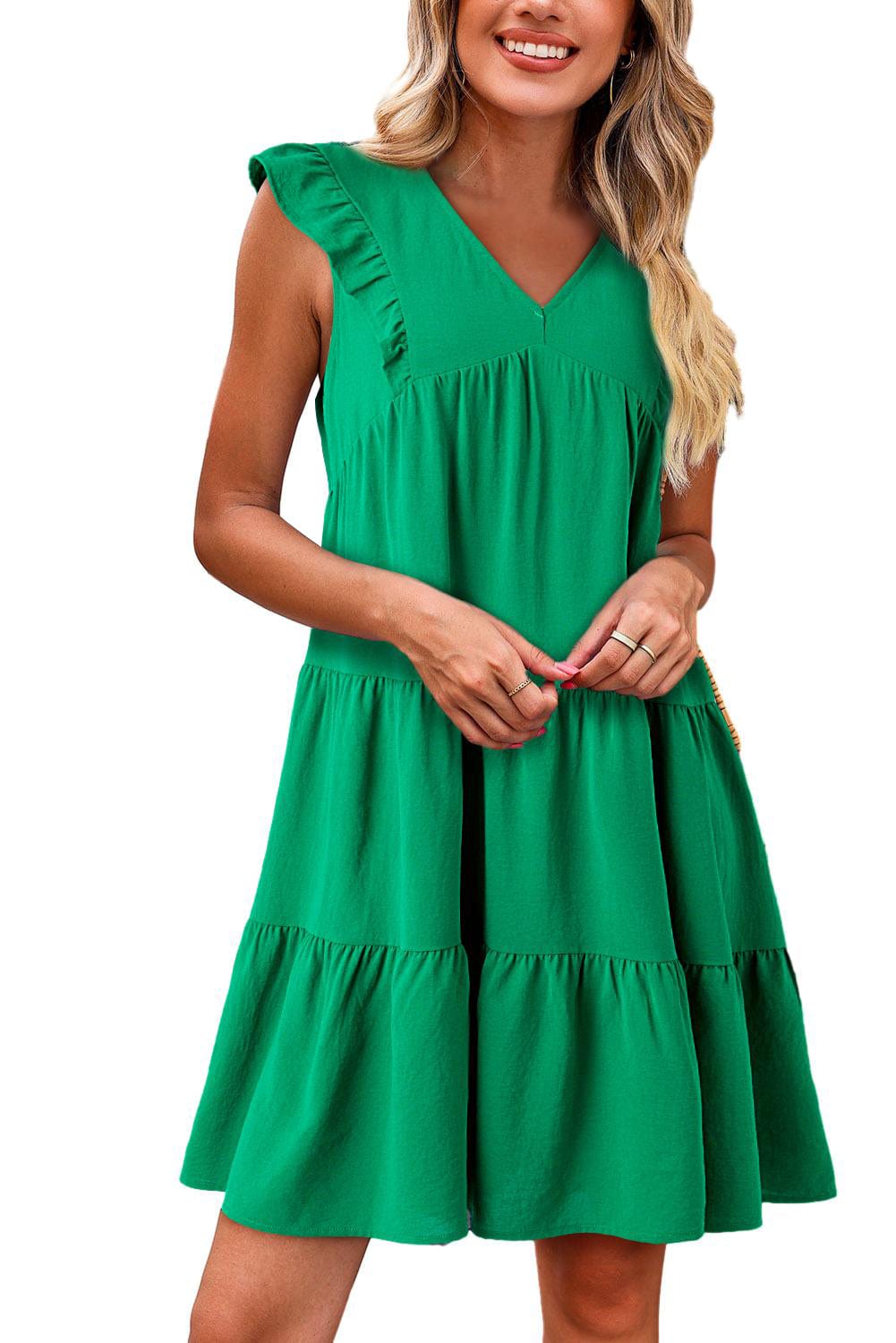 Green V Neck Ruffle Tiered Mini Dress - Stylish Choice for a Chic Ensemble