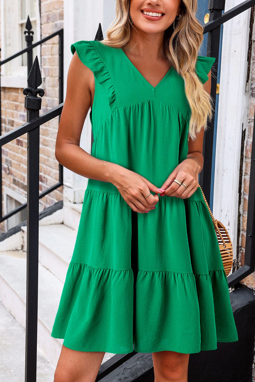 Green V Neck Ruffle Tiered Mini Dress - Stylish Choice for a Chic Ensemble