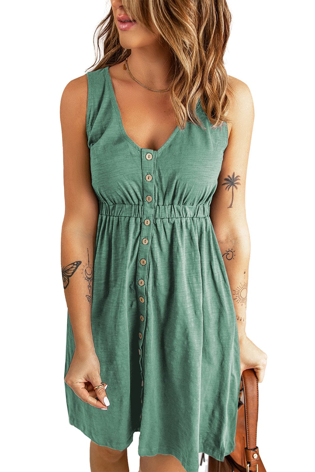 Green V-Neck Sleeveless Mini Dress with Button Details