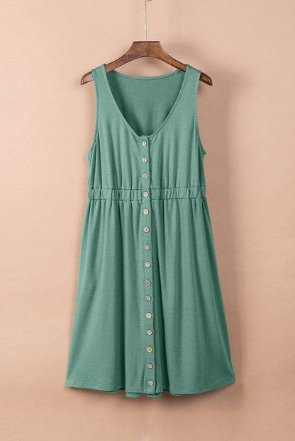 Green V-Neck Sleeveless Mini Dress with Button Details