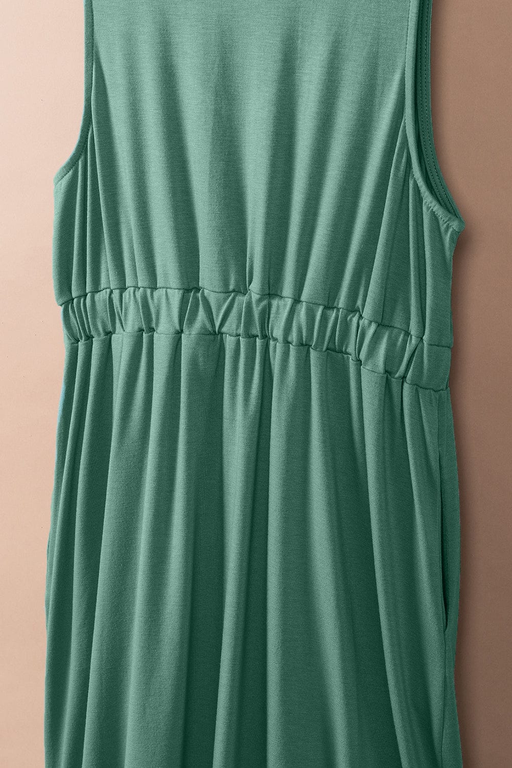 Green V-Neck Sleeveless Mini Dress with Button Details