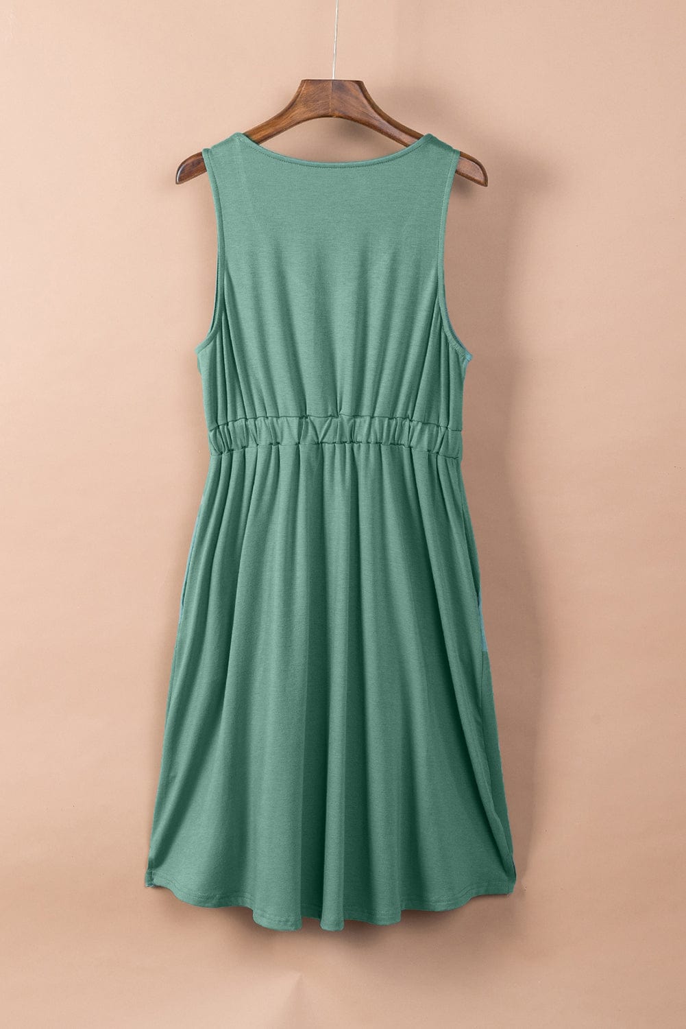 Green V-Neck Sleeveless Mini Dress with Button Details