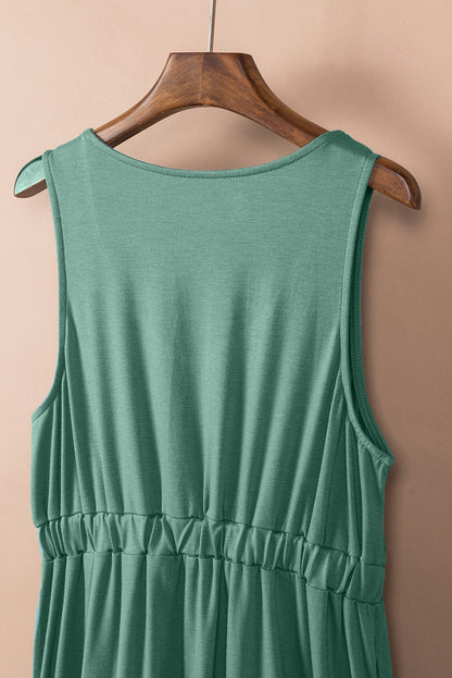 Green V-Neck Sleeveless Mini Dress with Button Details