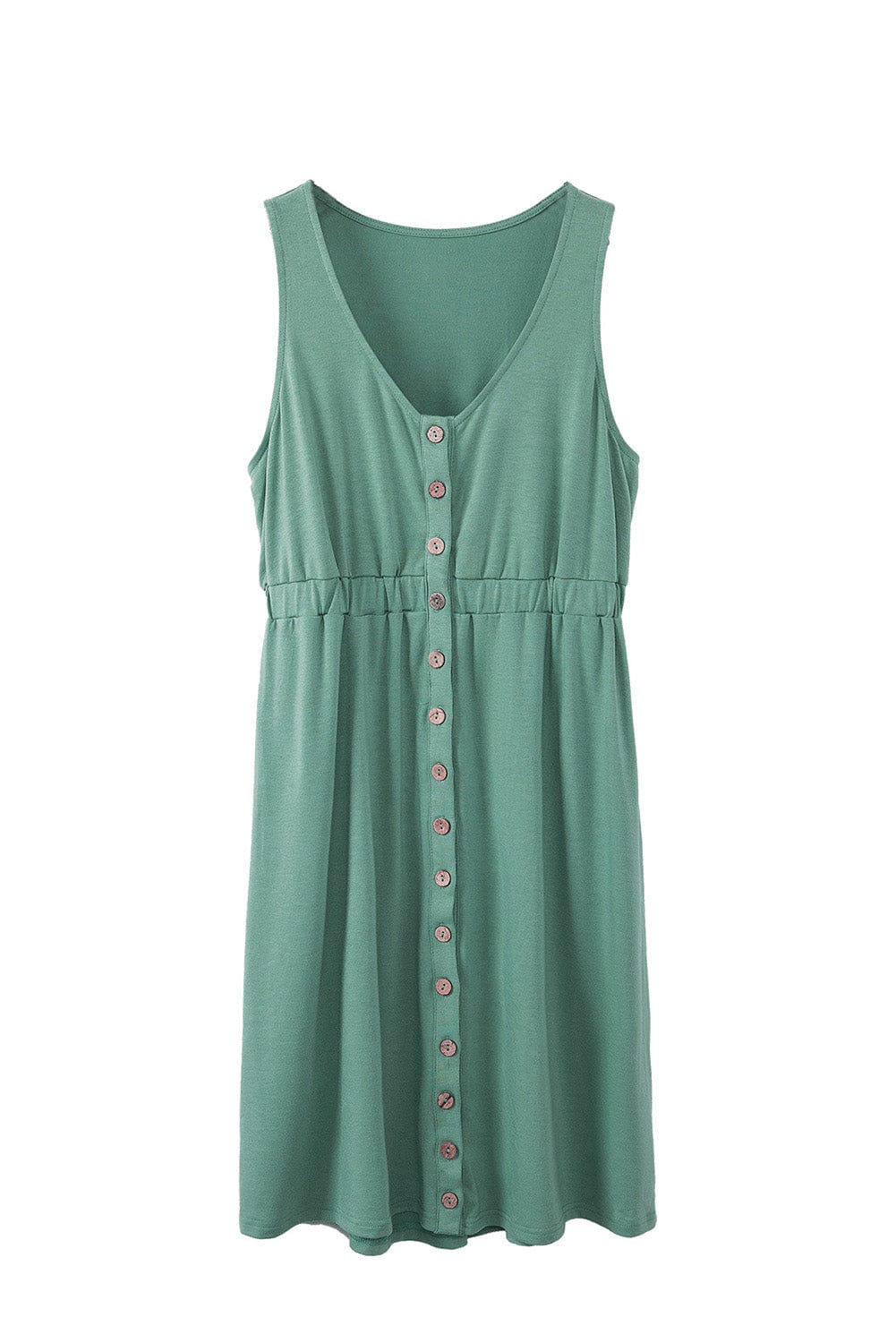 Green V-Neck Sleeveless Mini Dress with Button Details