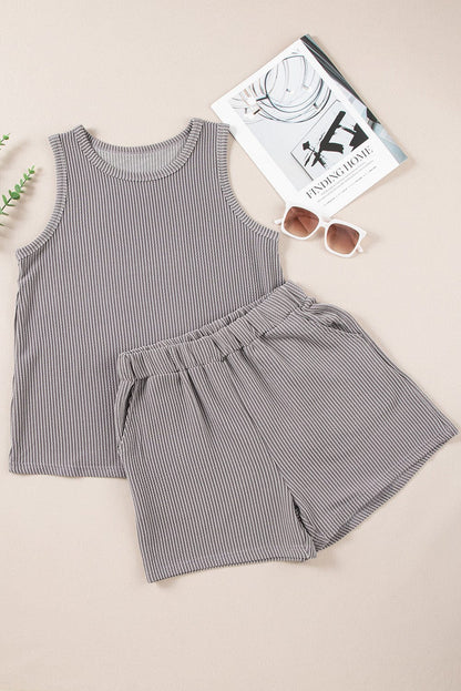 Grey Ribbed Two-Piece Set with Sleeveless Top and Pocketed Shorts