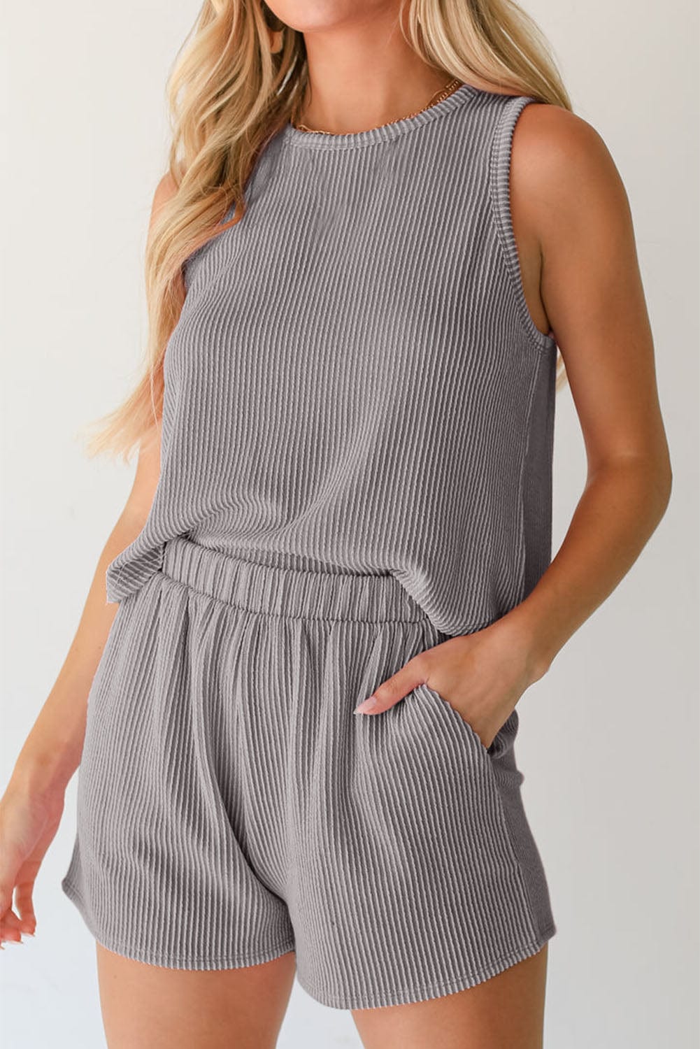 Grey Ribbed Two-Piece Set with Sleeveless Top and Pocketed Shorts