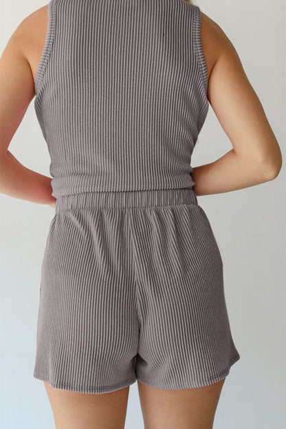 Grey Ribbed Two-Piece Set with Sleeveless Top and Pocketed Shorts