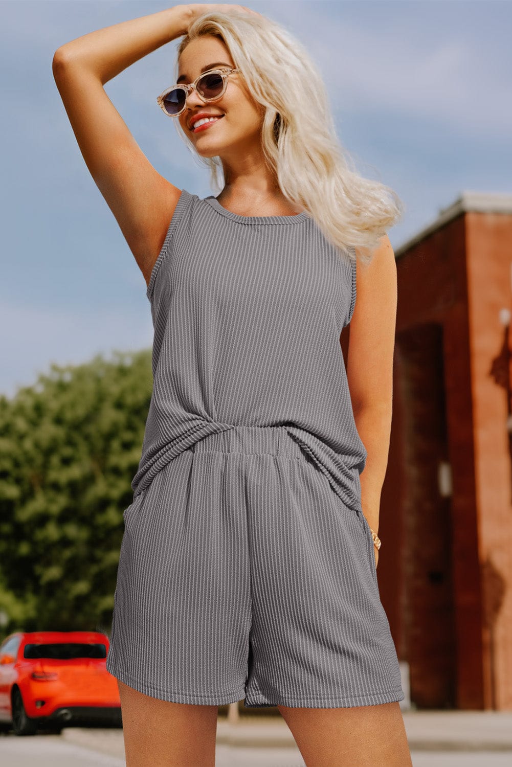 Grey Ribbed Two-Piece Set with Sleeveless Top and Pocketed Shorts