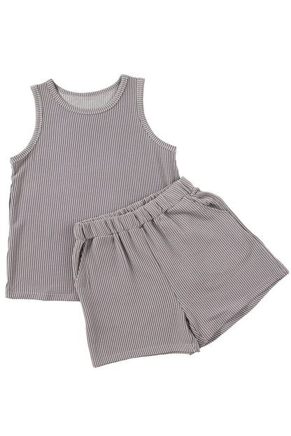 Grey Ribbed Two-Piece Set with Sleeveless Top and Pocketed Shorts