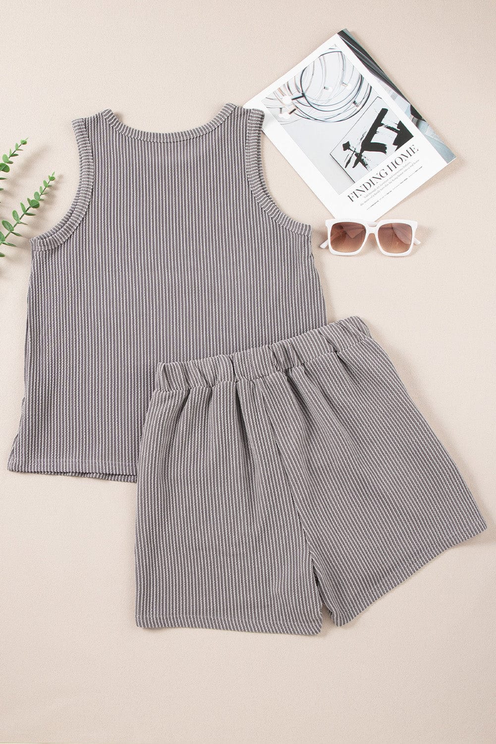 Grey Ribbed Two-Piece Set with Sleeveless Top and Pocketed Shorts