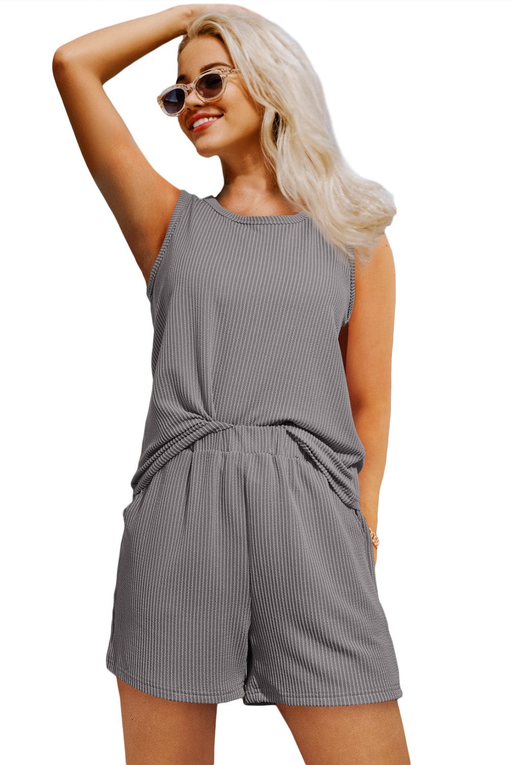 Grey Ribbed Two-Piece Set with Sleeveless Top and Pocketed Shorts