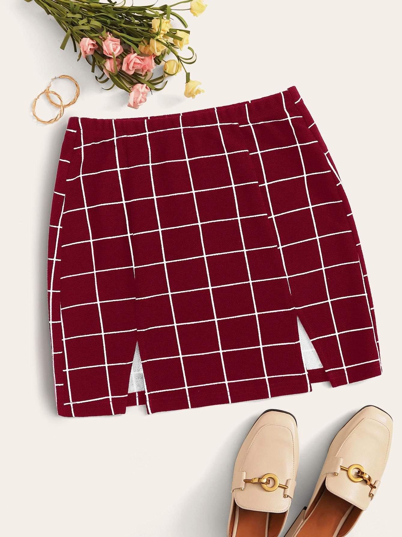 Grid M-Slit Mini Bodycon Skirt Temp202104006 Burgundy / XS