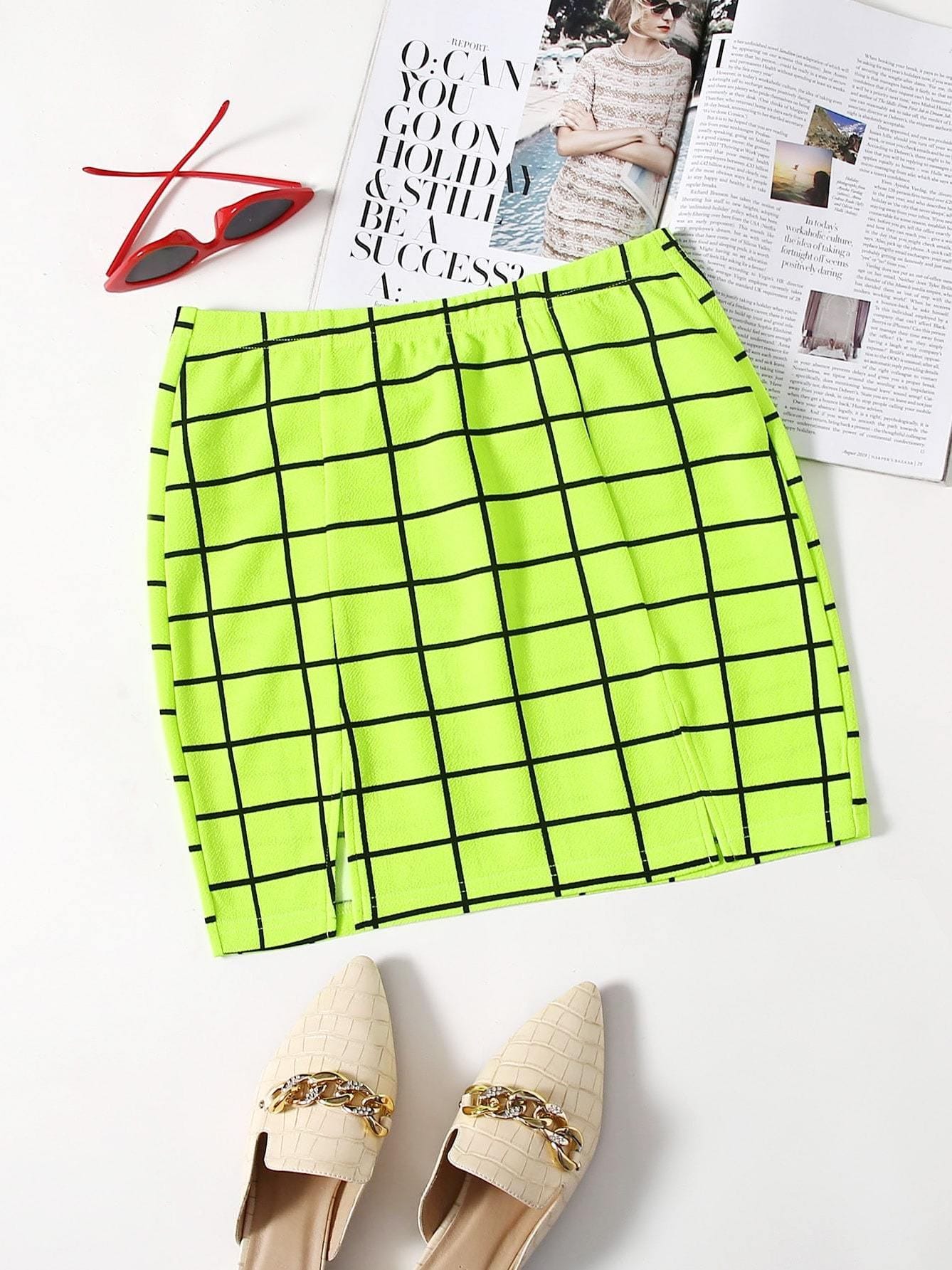 Grid M-Slit Mini Bodycon Skirt