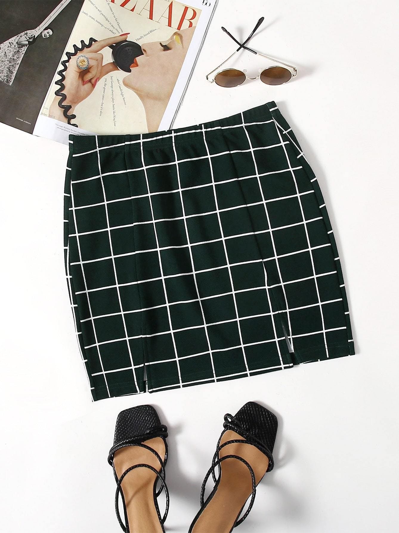 Grid M-Slit Mini Bodycon Skirt