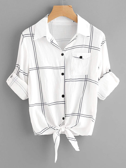 Grid Print Self-Tie Short Sleeve Shirt BLO210326176S S