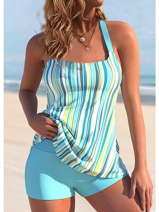 Women's Swimwear Tankini 2 Piece Plus Size Swimsuit 2 Piece Printing Striped Blue Tank Top High Neck Bathing Suits Sports Summer