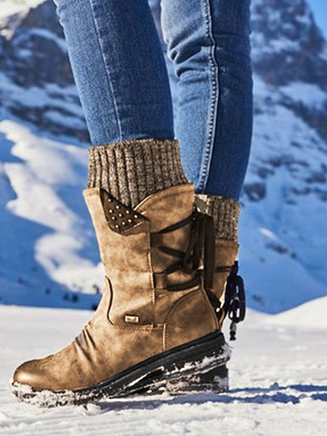 Women's Boots Snow Boots Outdoor Daily Mid Calf Boots Winter Lace-up Flat Heel Round Toe Casual Faux Leather Zipper Blue Purple Khaki - LuckyFash™