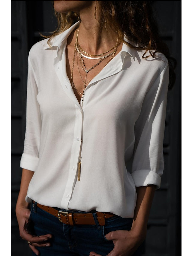 Women's Blouse Shirt Plain Shirt Collar Business Basic Elegant Tops Blue Yellow Gray - LuckyFash™