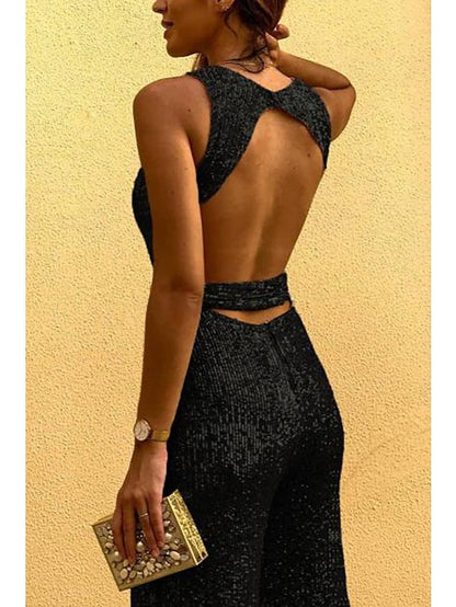 Women's Jumpsuit Backless Sequin Solid Color Crew Neck Elegant Party Prom Regular Fit Sleeveless Black Pink Wine S M L Summer - LuckyFash™