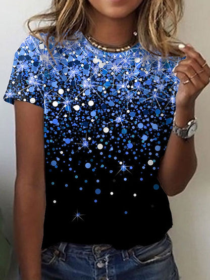 Women's T shirt Tee Yellow Blue Purple Graphic Galaxy Print Short Sleeve Daily Weekend Basic Round Neck Regular Abstract Painting S
