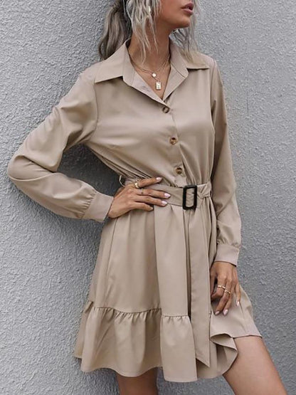 Half Button Belted Flounce Shirt Dress DRE210303453KHAS Khaki / S