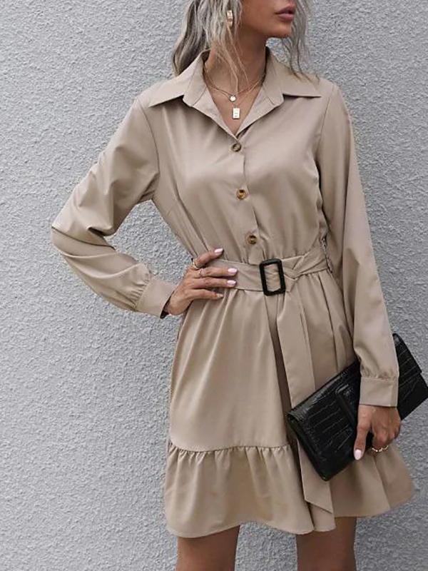 Half Button Belted Flounce Shirt Dress