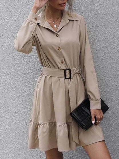 Half Button Belted Flounce Shirt Dress