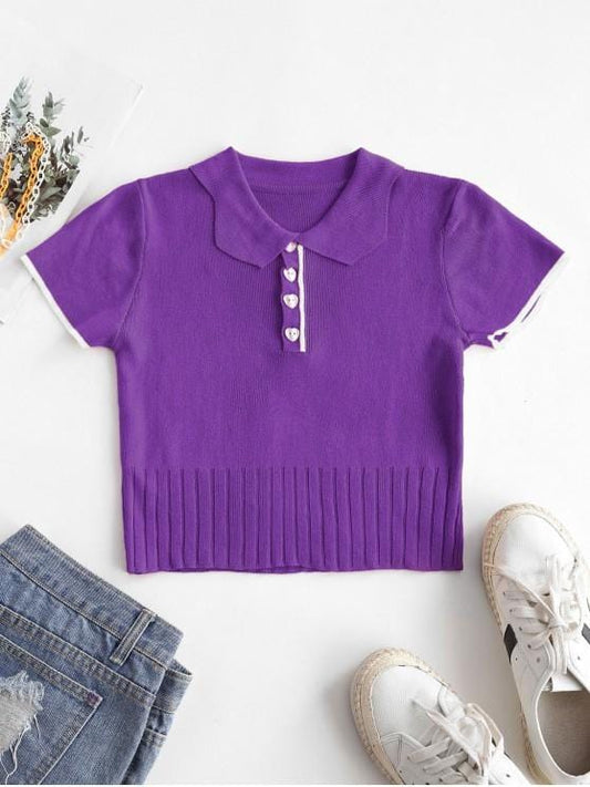 Half Button Ribbed Cropped T-shirt TSH210312225PUR One-Size / Purple