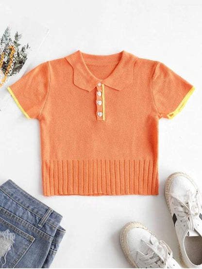 Half Button Ribbed Cropped T-shirt TSH210312225ORA One-Size / Orange