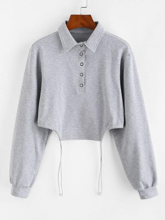 Half Button Toggle Drawstring Hem Cropped Sweatshirt SWE210310185GRAS Grey / S