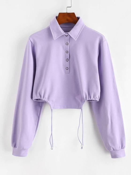 Half Button Toggle Drawstring Hem Cropped Sweatshirt SWE210310185PURS Purple / S