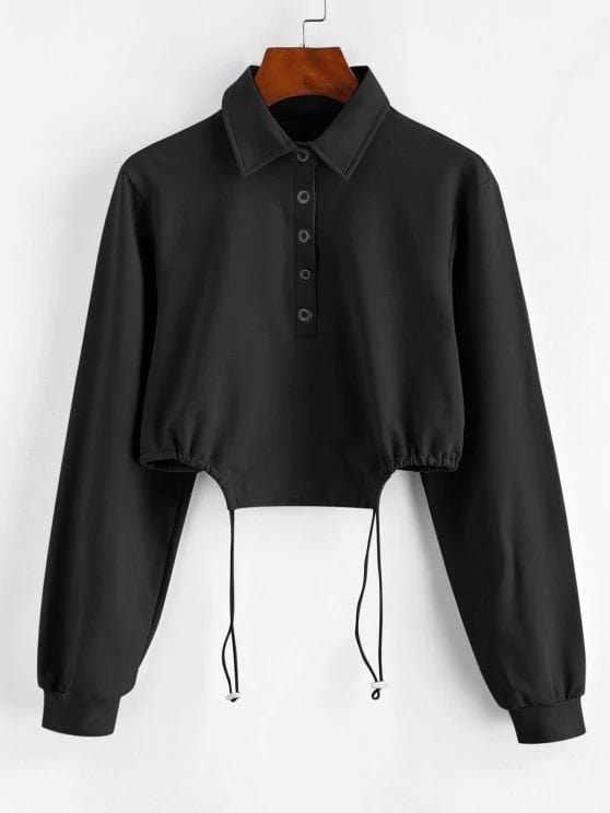 Half Button Toggle Drawstring Hem Cropped Sweatshirt SWE210310185BLAS Black / S