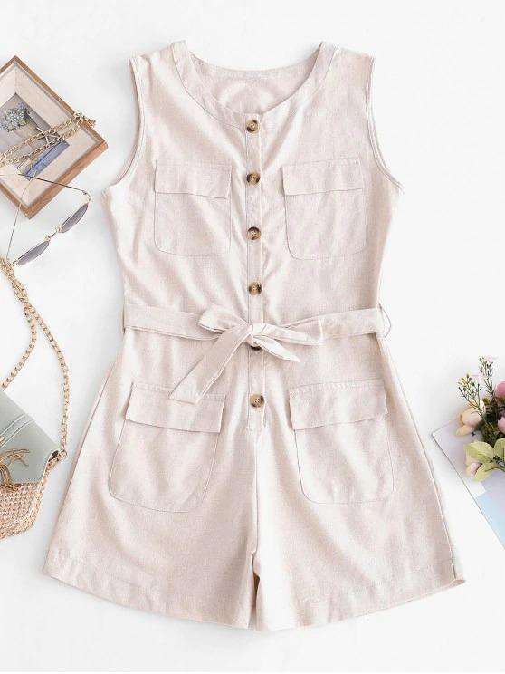 Half Buttoned Belted Flap Pockets Cargo Romper for Women