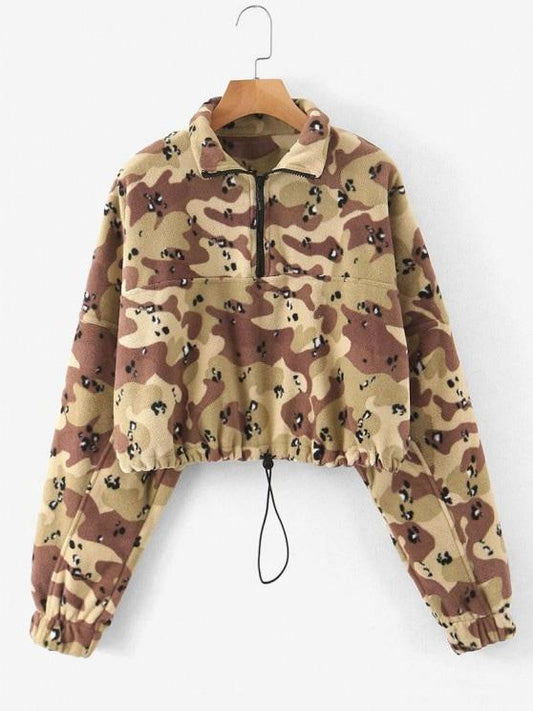 Half Zip Camo Fleece Cropped Sweatshirt SWE210309164BROS Brown / S