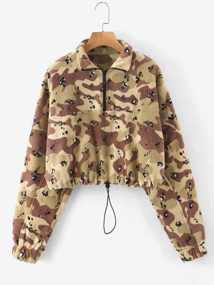 Half Zip Camo Fleece Cropped Sweatshirt for Women