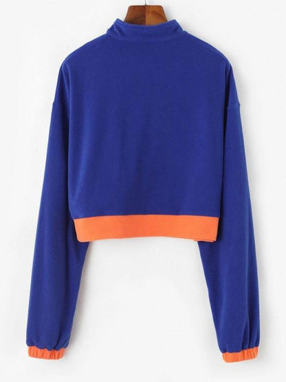 Half Zip Colorblock Fleece Crop Sweatshirt