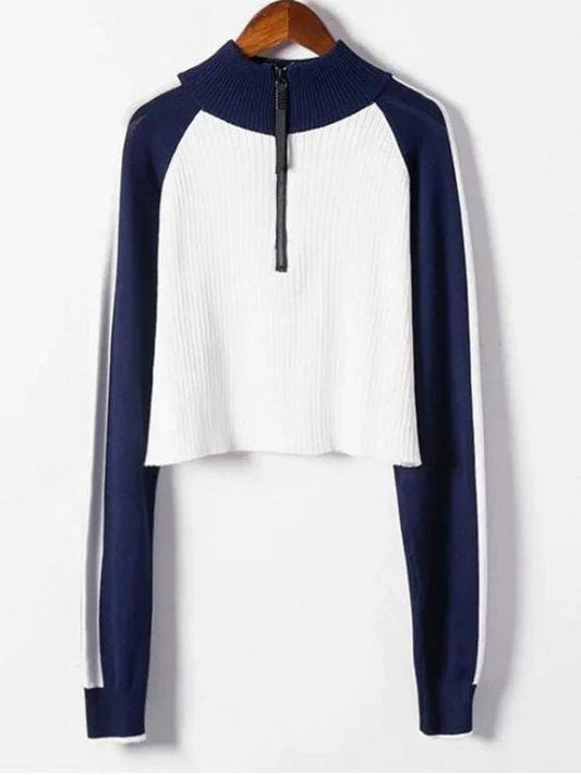 Half Zip Cropped Color Block Sweater SWE210313590BLA Black / One-Size