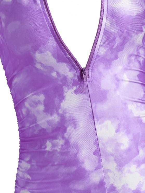 Half Zip Tie Dye Ruched Cycling Romper for Women