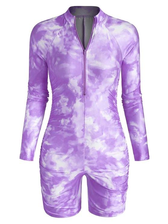 Half Zip Tie Dye Ruched Cycling Romper for Women BOT210207038PURM M / Purple